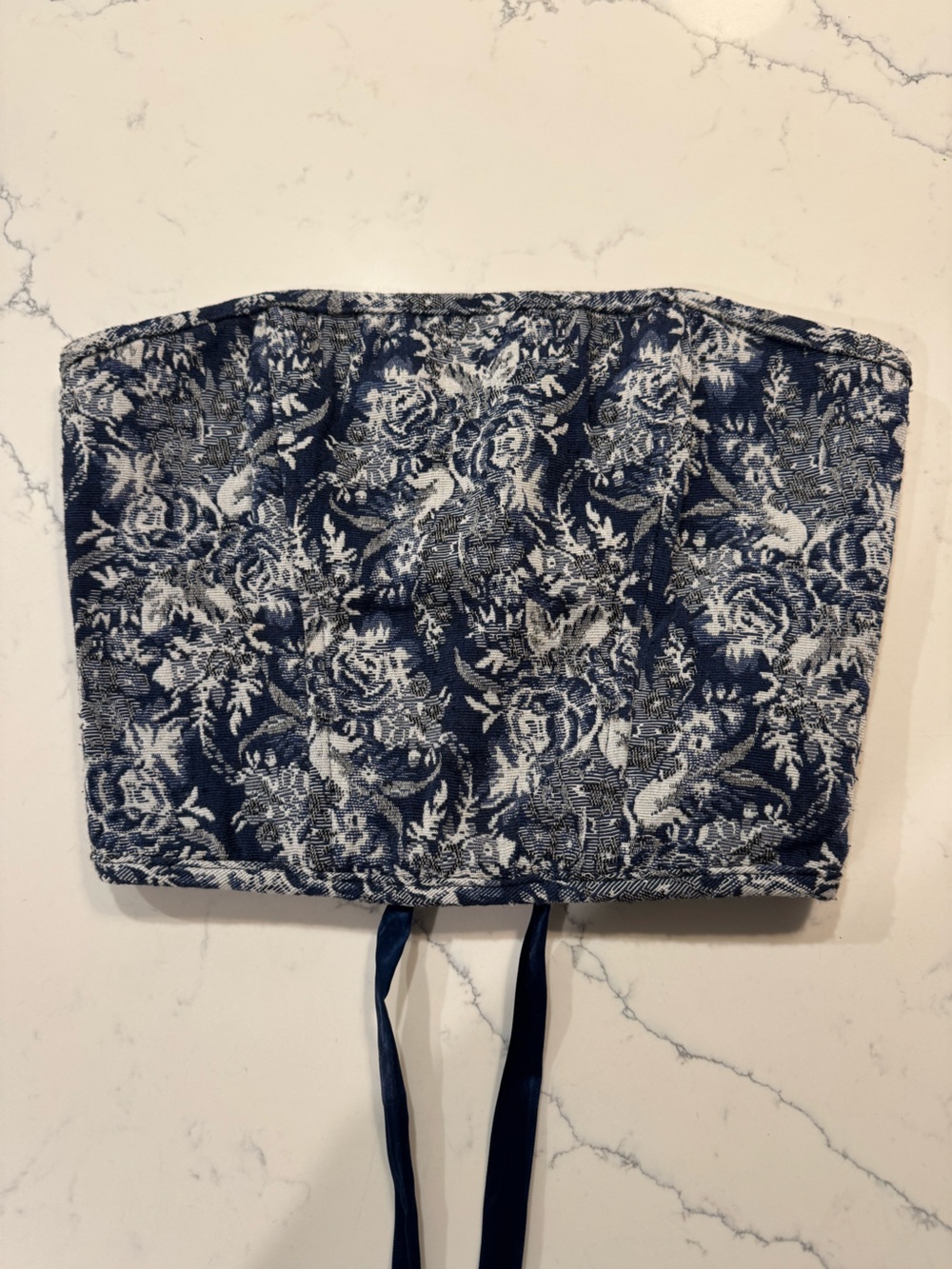 Navy and White Floral Strapless Top